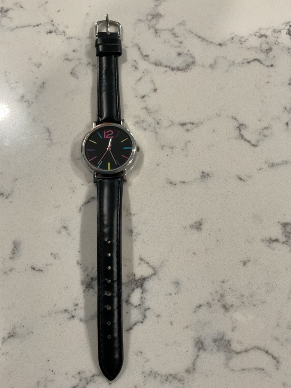 Premier Designs Classic Black Leather Strap Watch with Colorful Dial
